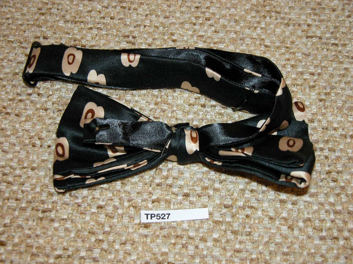 Vintage Pre-tied End Square Bow Tie Black Dark Cream Repeat Pattern