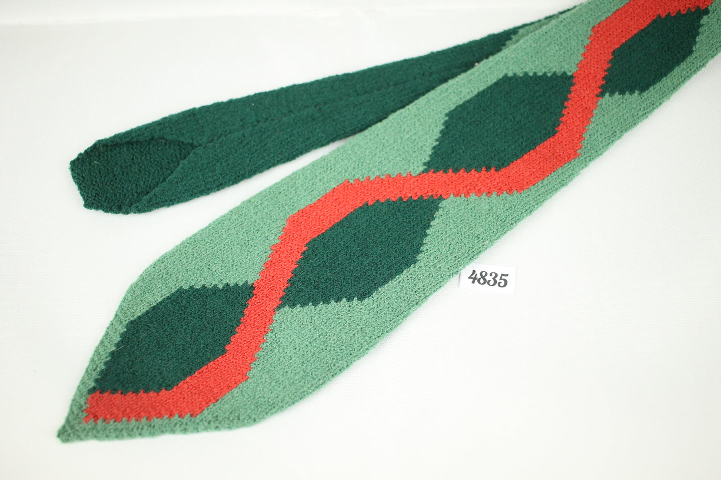 Vintage 1950s Hand Knitted Two Tone Green and Coral Pink Tie