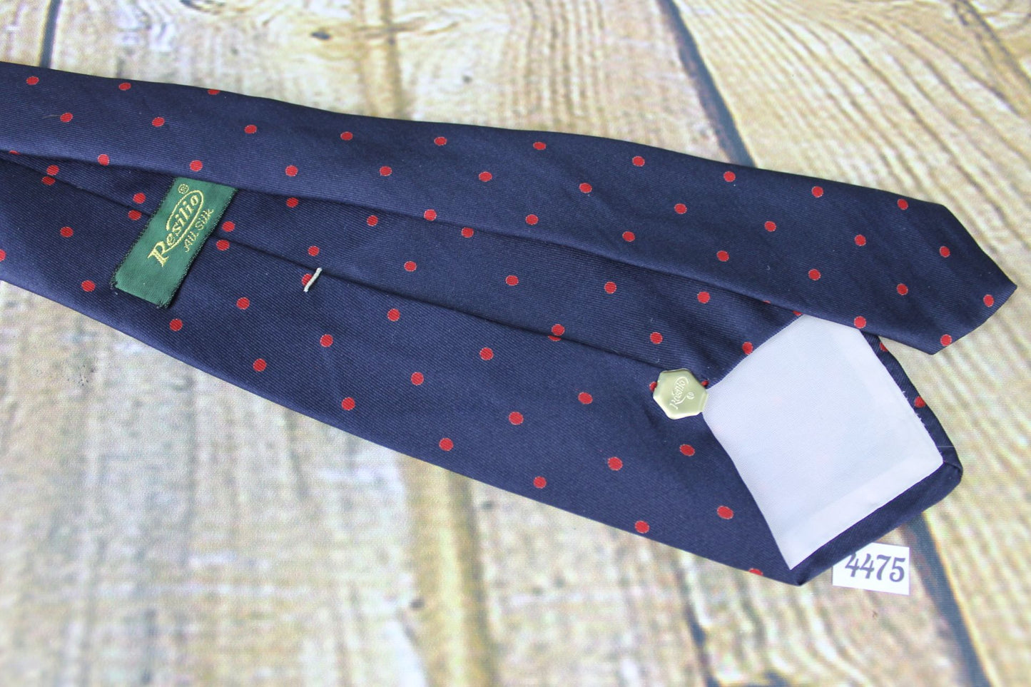 Vintage Foullard hand screened all silk resilio navy red polka dot skinny mod tie 1960s