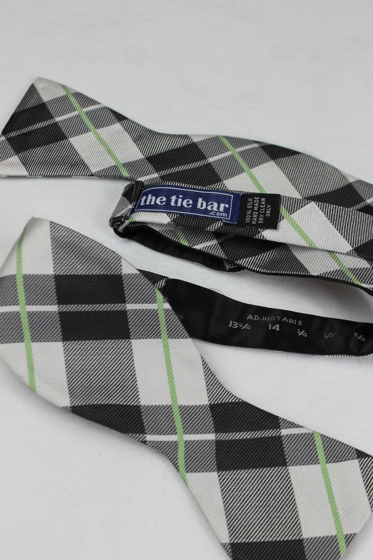 Tie Bar Grey White Lime Plaid Silk Self Tie Straight End Bow Tie