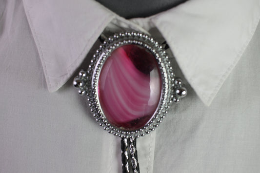 Vintage Giant Pink Oval Cabochon Set in Silver Metal Mount Bolo Western Tie