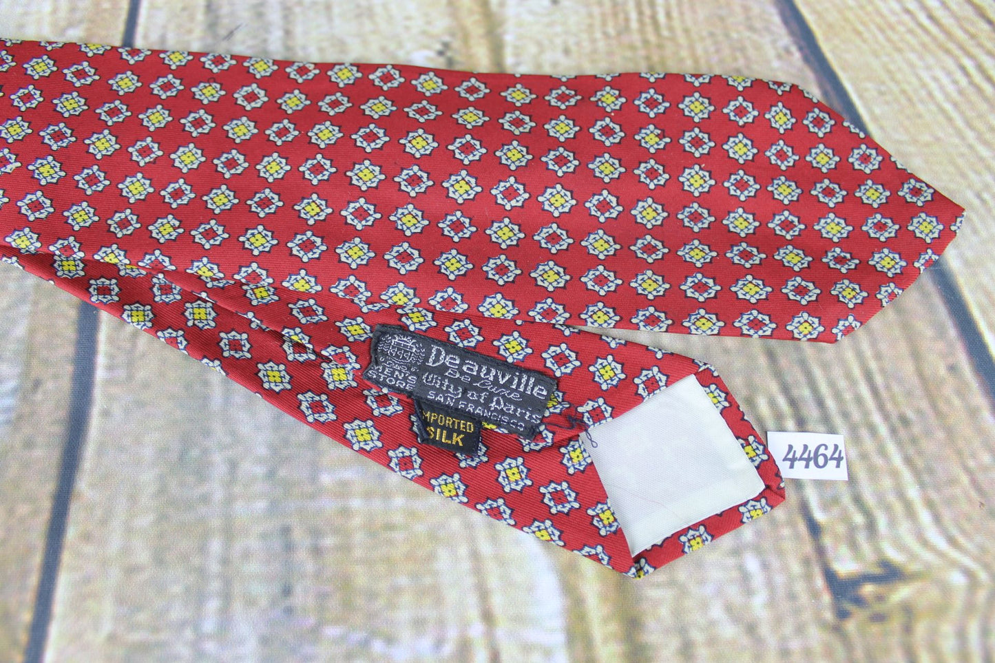 Vintage Deauville Deluxe All Silk 1950s Red Gold Repeat Pattern Swing Tie