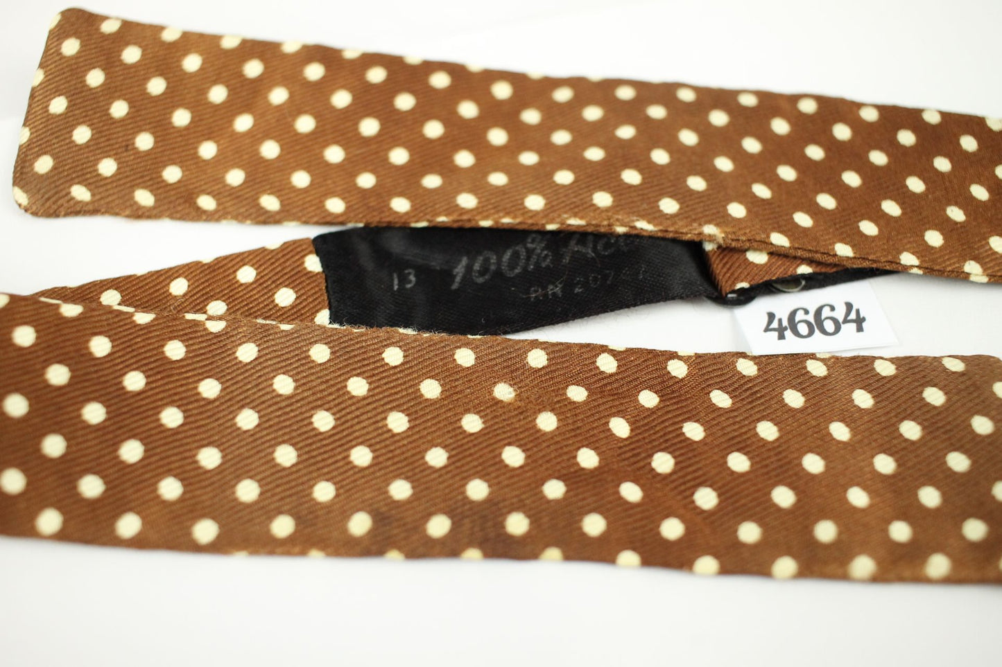 Vintage Self Tie Straight End Brown Ivory Polka Dot Skinny Bow Tie