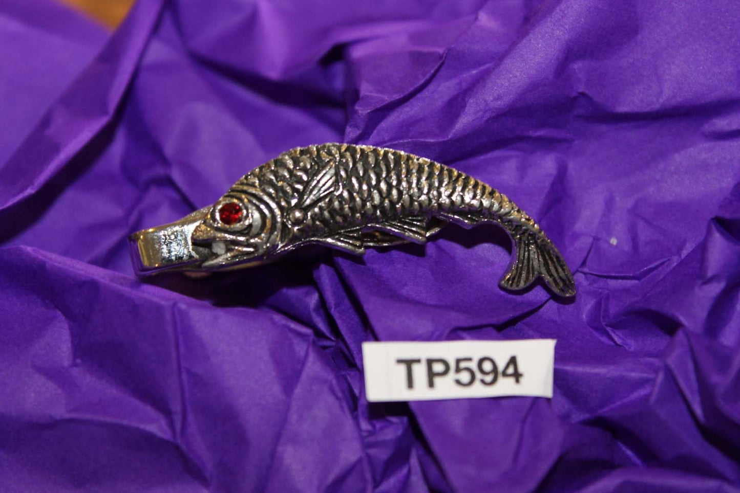 Vintage Silver Fish Trout Salmon Red Glass Stone Eye Tie Clip