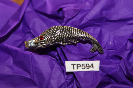 Vintage Silver Fish Trout Salmon Red Glass Stone Eye Tie Clip