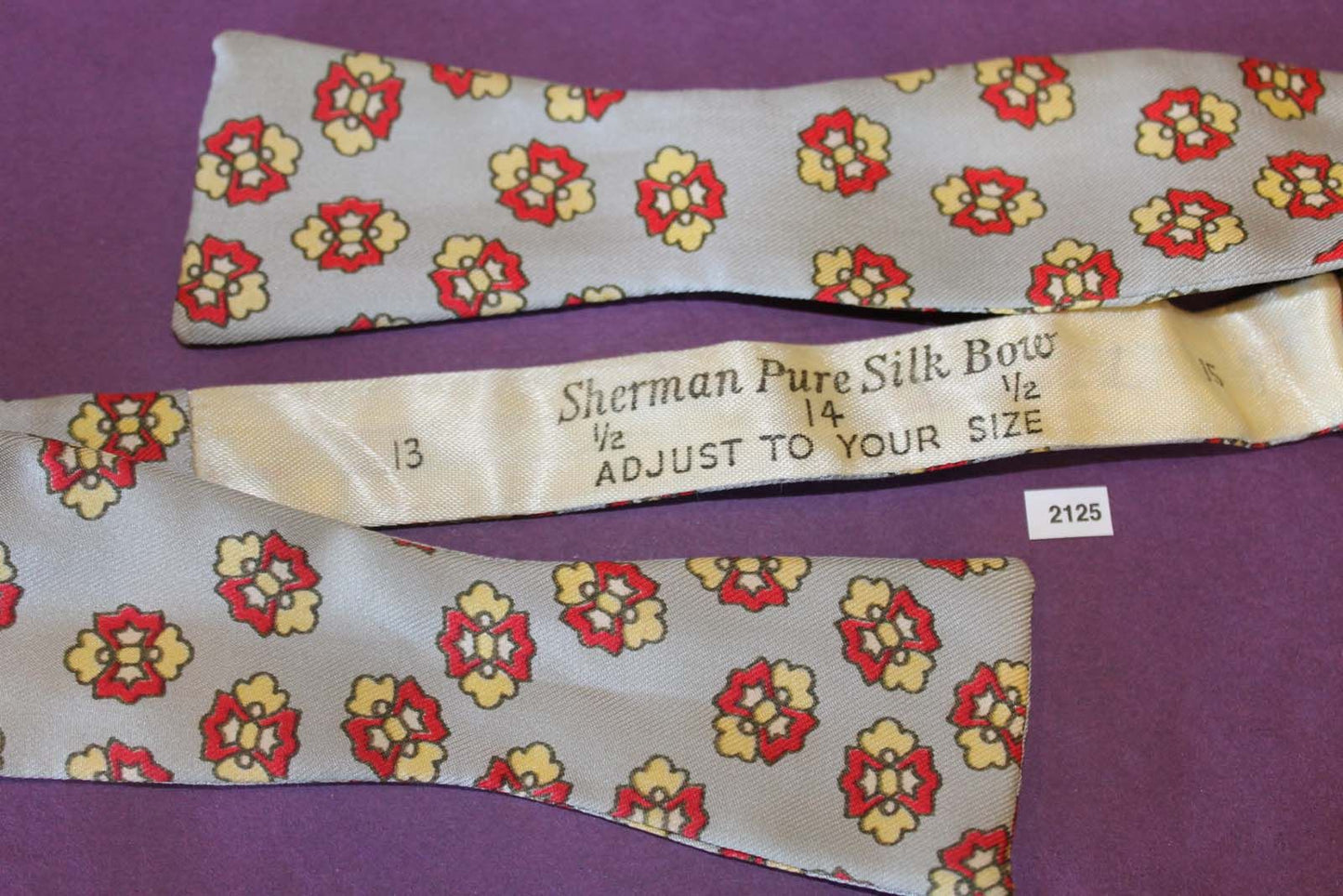 Vintage Sherman 100% Silk Self Tie Straight End Bow Tie Grey Red Yellow