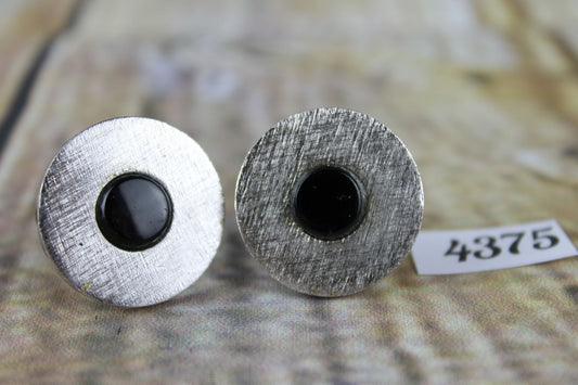Vintage large round brushed steel black stone centre cuff links