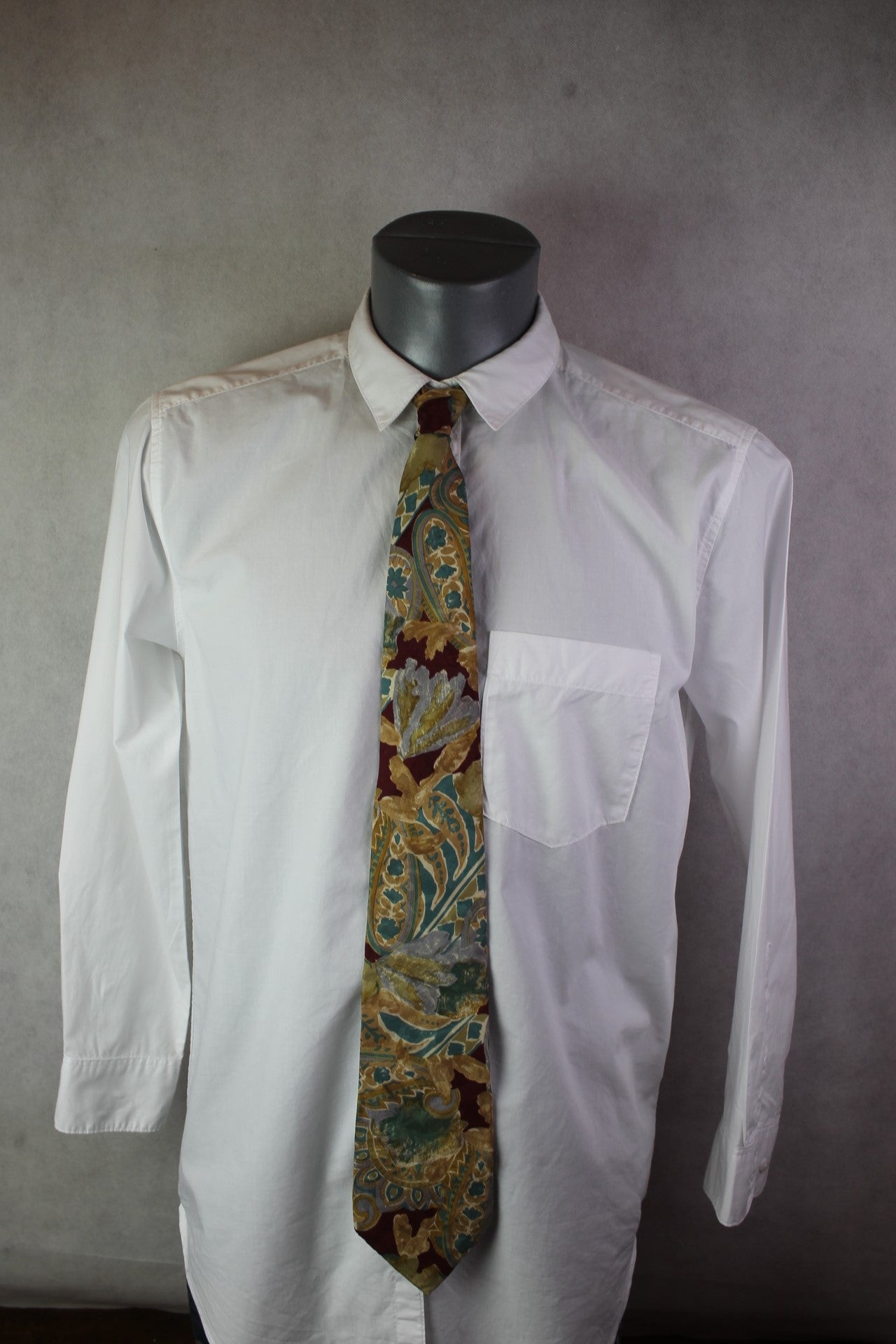 Vintage Harvé Benard pure silk gold silver burgundy foliage tie