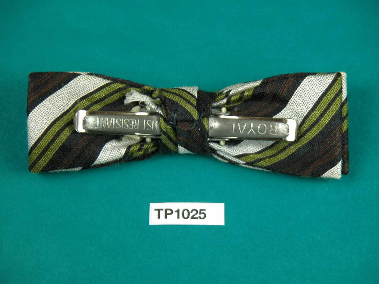 Vintage boy's olive cream brown stripe square end clip on bow tie