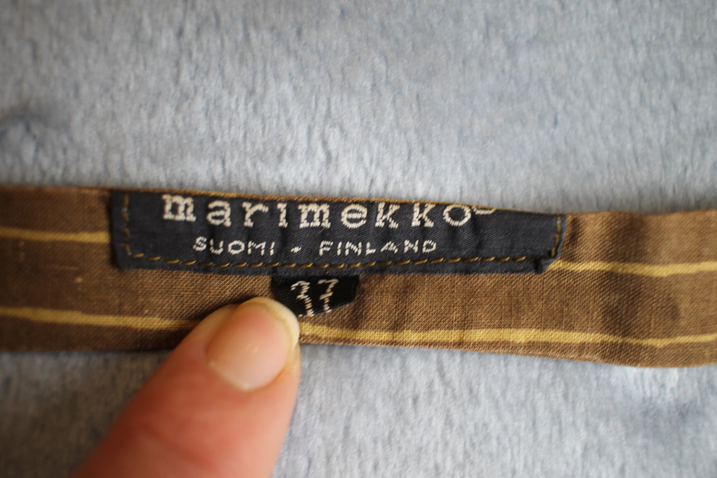 Vintage Marimekko Finland self tie straight end 2 tone brown striped pattern bow tie