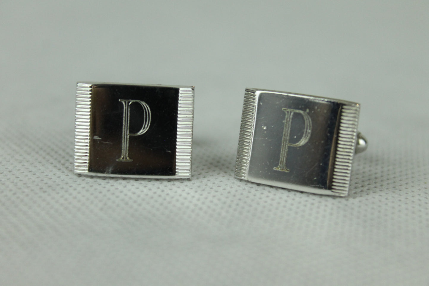 Vintage Silver Metal Initial P Oblong Cufflinks