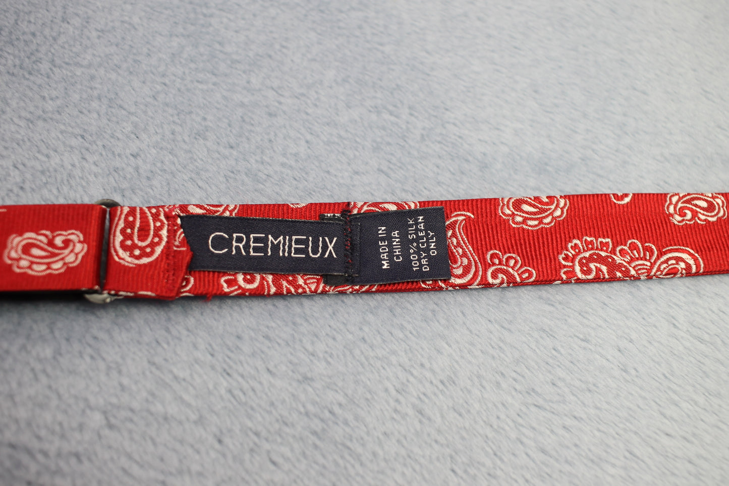 Vintage Cremieux self tie thistle end 100% silk red white paisley bow tie adjustable