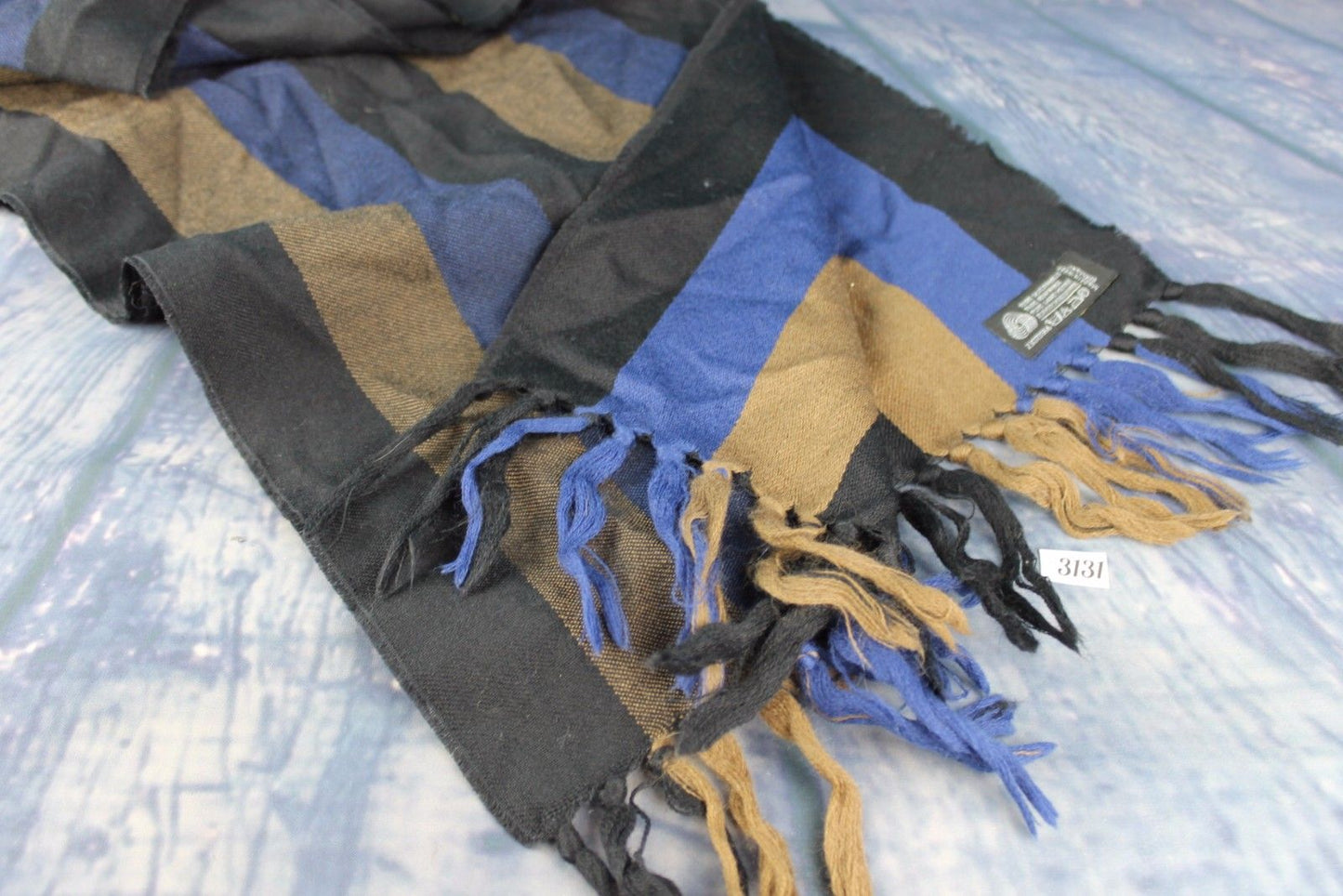 Vintage German Pure Wool Black Camel Blue Striped Scarf