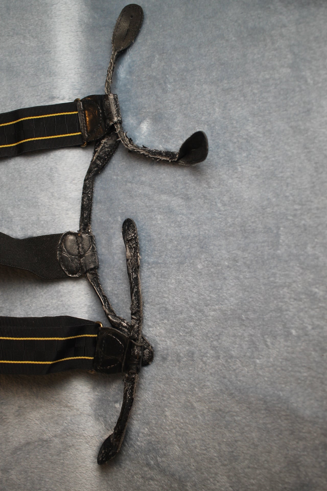 Vintage retro leather thong button on elasticated dark blue gold stripe braces adjustable 80s Wall Street