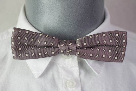 Vintage pre-tied clip on grey purple white spot pattern bow tie