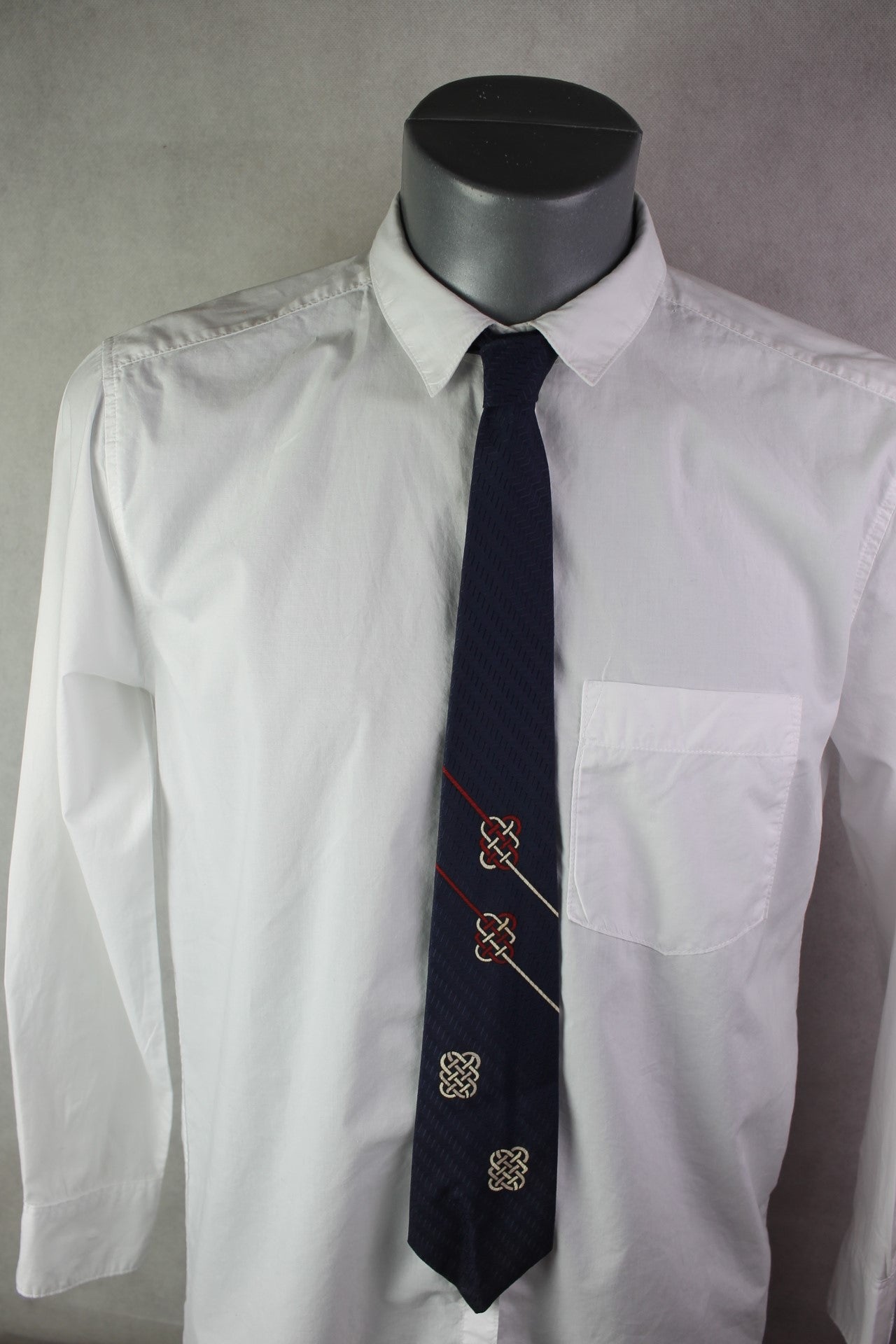 Vintage navy blue red white cream motifs tie