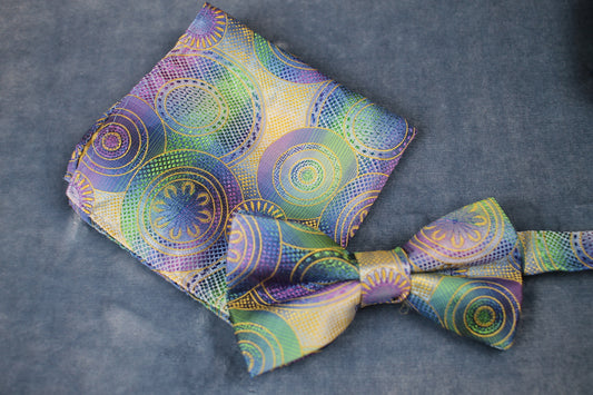 Vintage Stacy Adams pre-tied bow tie and Handkerchief Set green blue purple yellow circles pattern adjustable