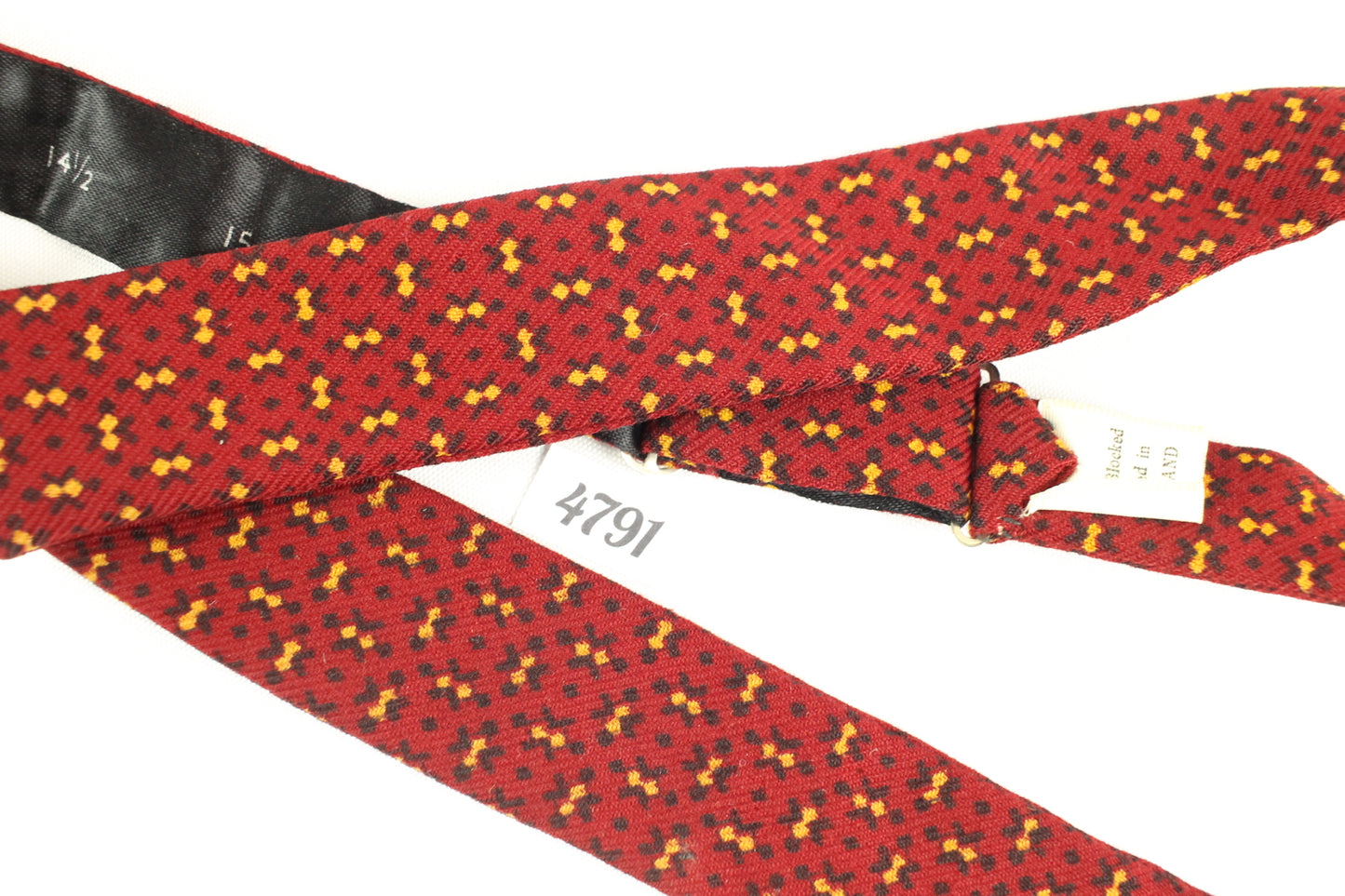 Skinny Straight Self Tie Vintage Wool Bow Tie Hand Blocked Pattern Burgundy Gold Adjustable