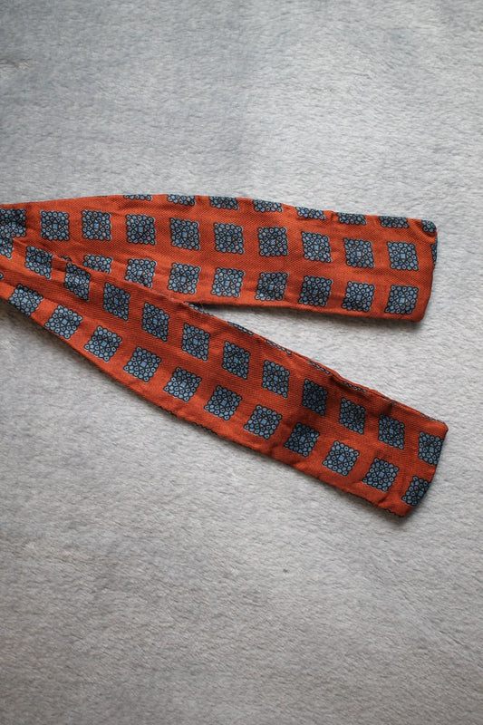 Vintage self tie paddle end orange blue squares pattern bow tie adjustable