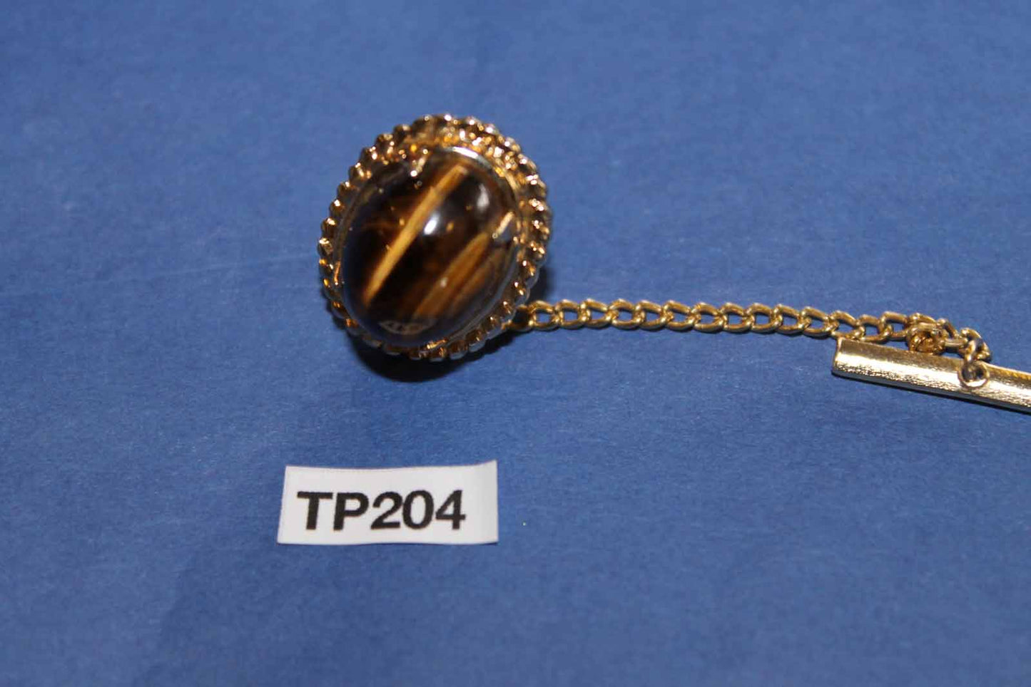 Vintage gold metal set brown agate stone tie pin with shirt chain