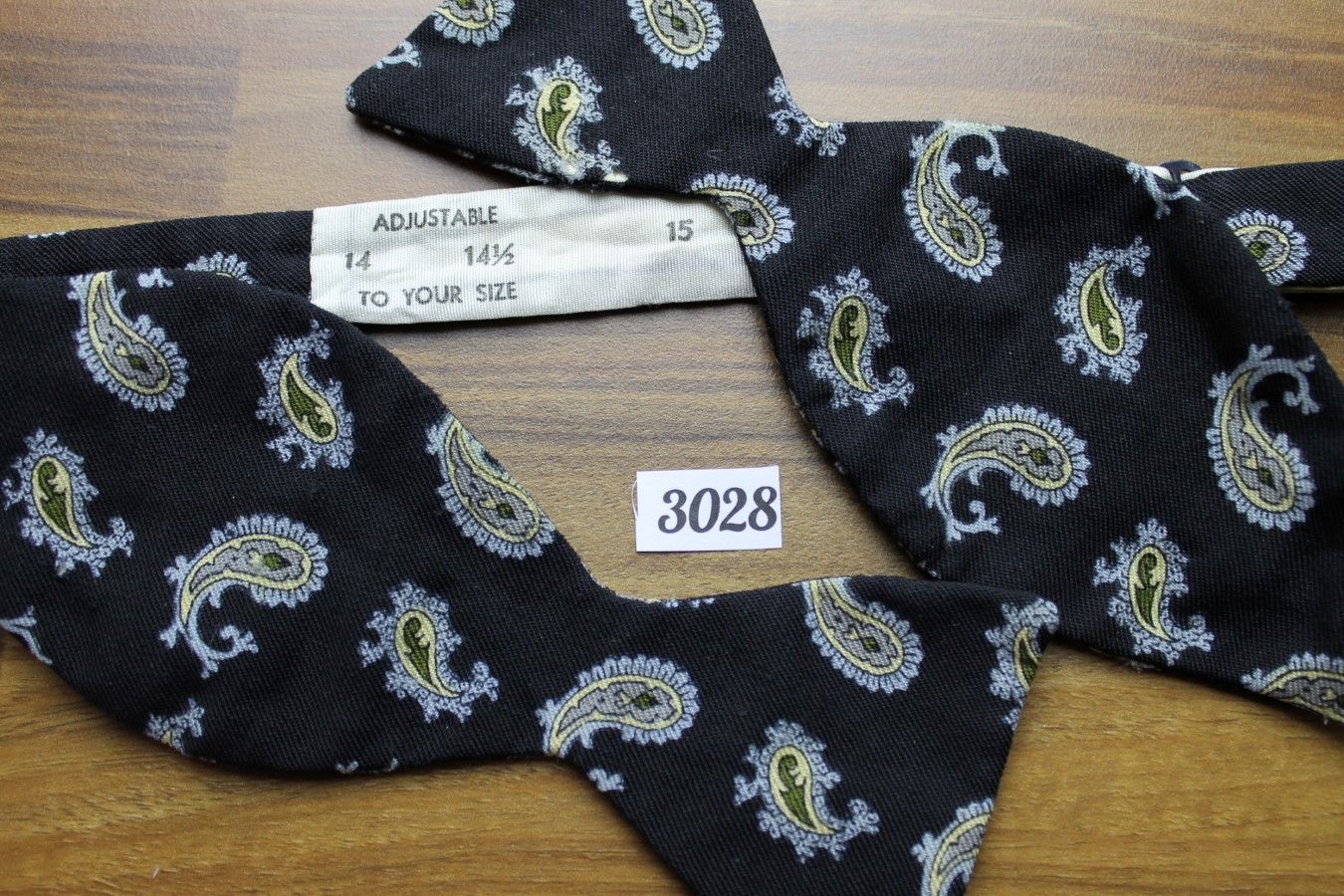 Vintage Self Tie Straight End Thistle Bow Tie Black Grey Gold Paisley