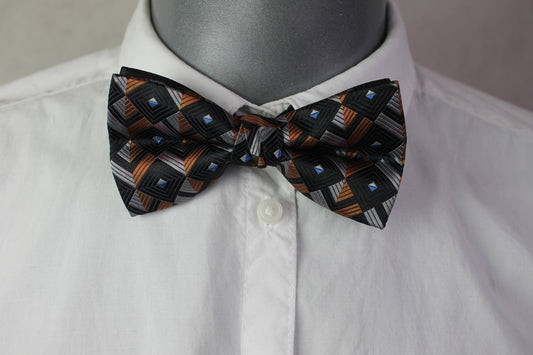 Vintage pre-tied orange black diamond pattern bow tie adjustable