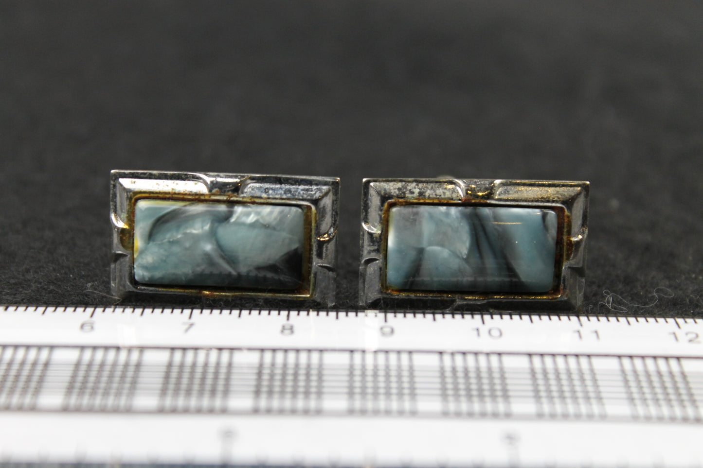 Vintage Oblong Blue Grey Marbled Lucite Cufflinks