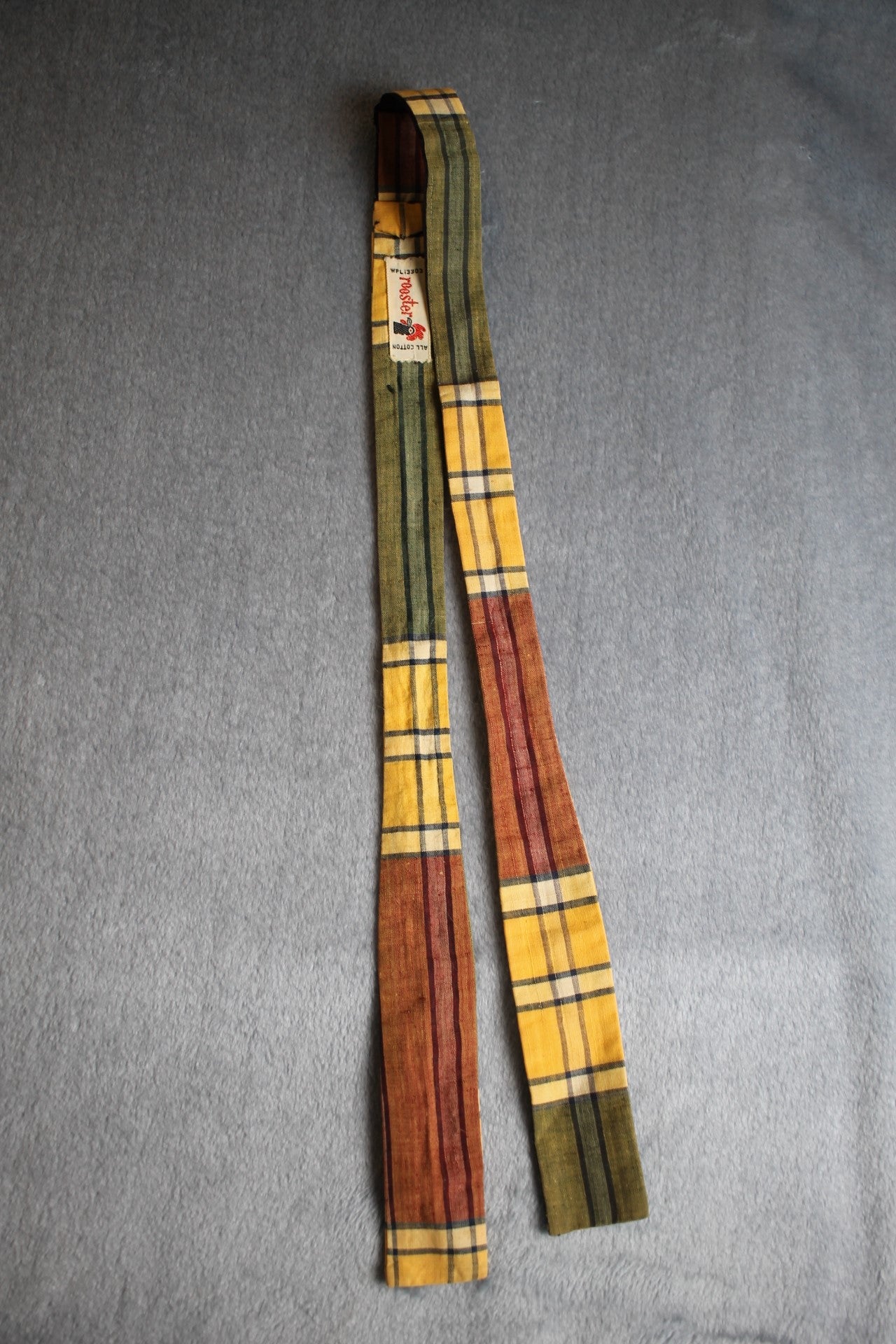 Vintage Rooster self tie paddle end brown yellow green check pattern bow tie adjustable