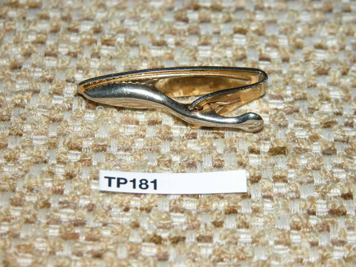 Vintage gold metal oval black lucite clear glass gem tie clip