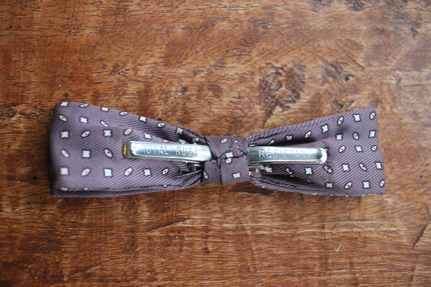 Vintage pre-tied clip on grey purple white spot pattern bow tie