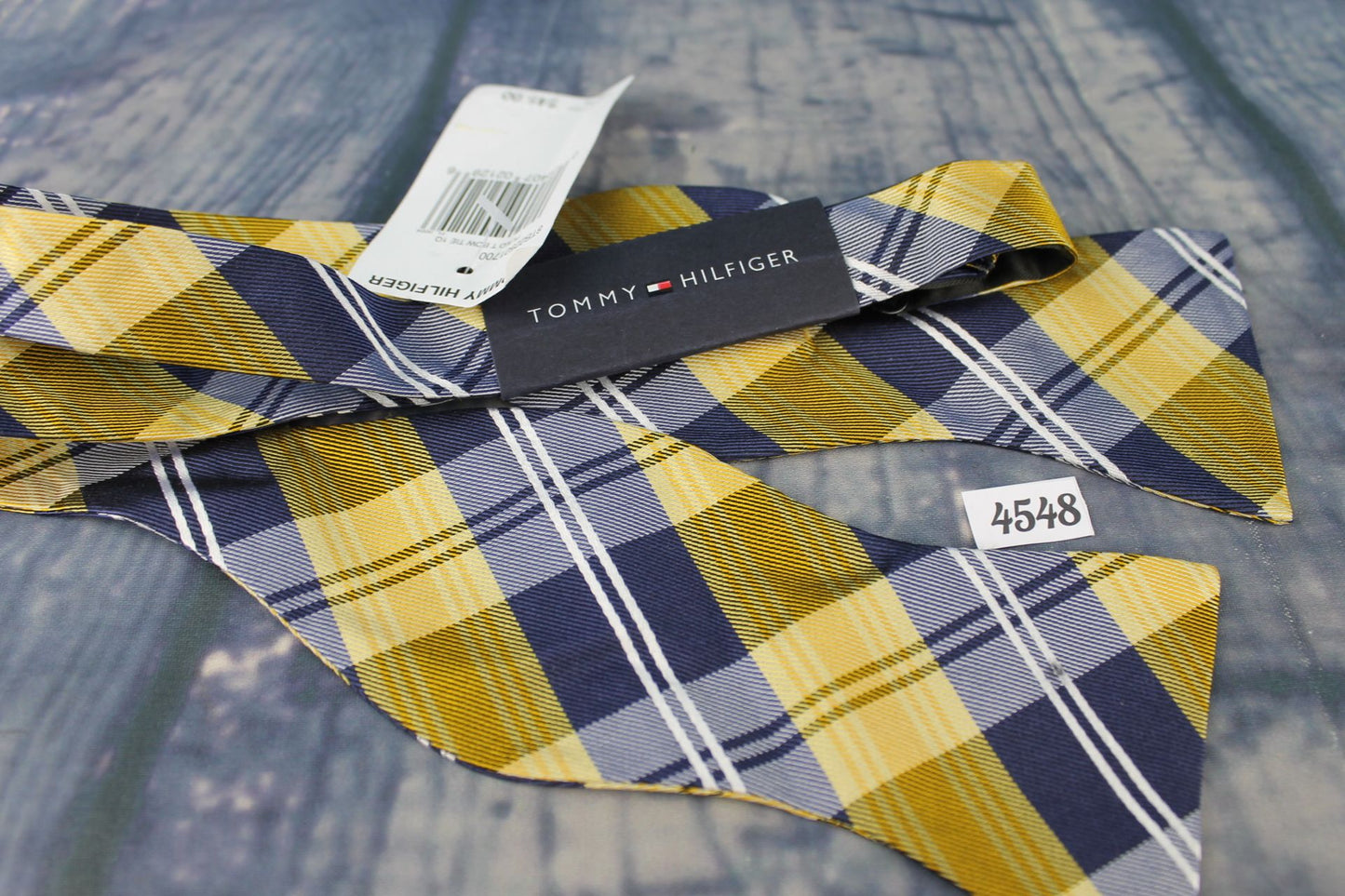 Tommy Hilfiger Navy Gold Plaid Tartan Self Tie Square End Thistle Bow Tie New With Original Tag
