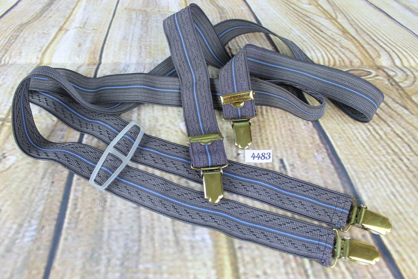 Vintage grey blue elasticated braces gold metal clips adjustable