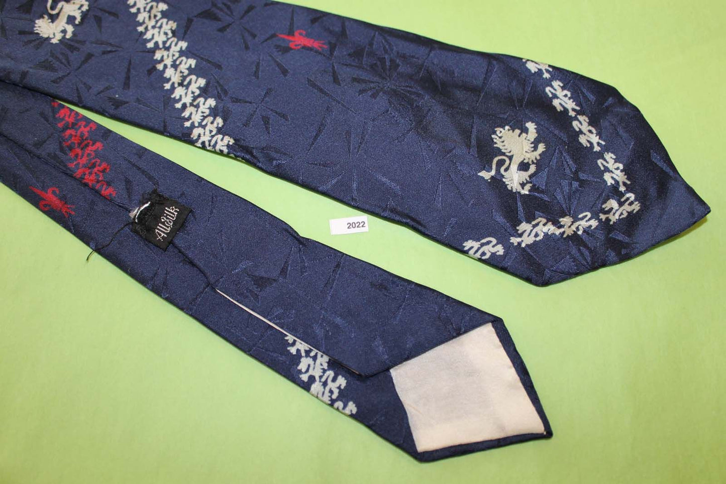 Vintage 1940s/50s All Silk Lions Fleur De Lis Jacquard Navy Red Grey Tie
