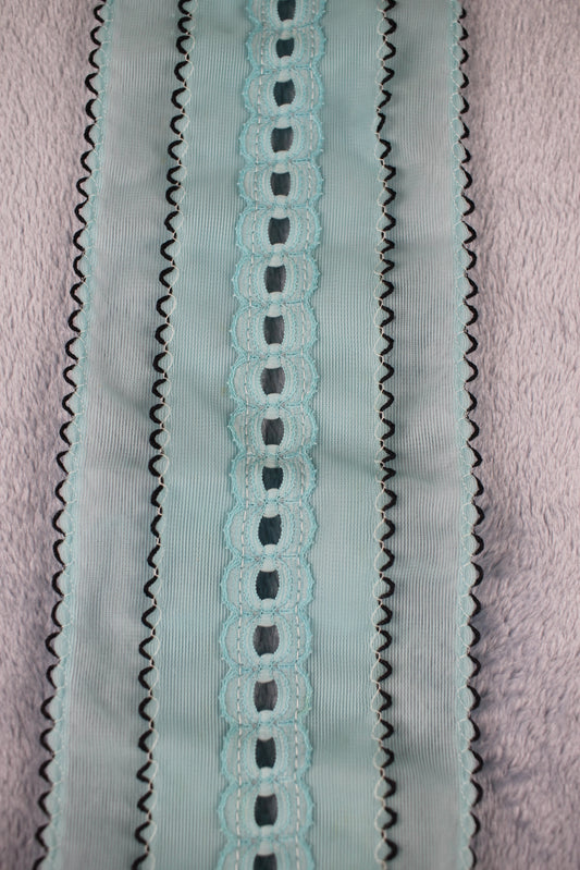 Vintage 1970s light blue black trim elastic neck tie button on shirt ruffle