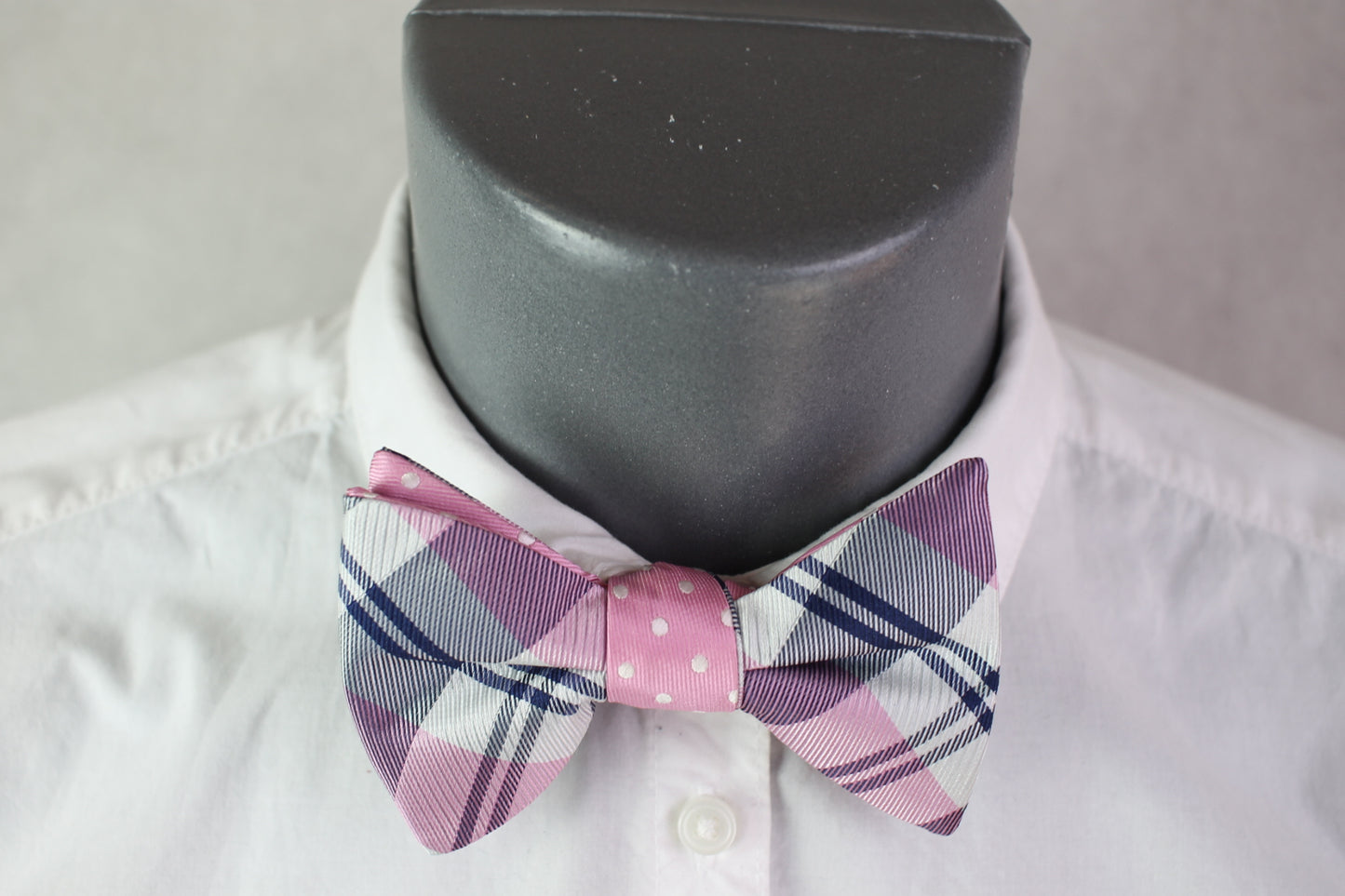 Vintage Nick Dunn pre-tied pink white grey tartan bow tie adjustable