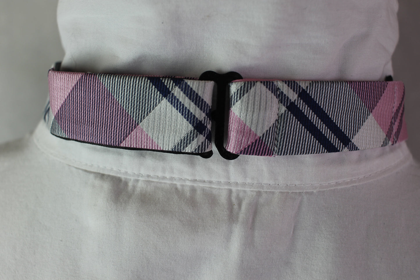 Vintage Nick Dunn pre-tied pink white grey tartan bow tie adjustable