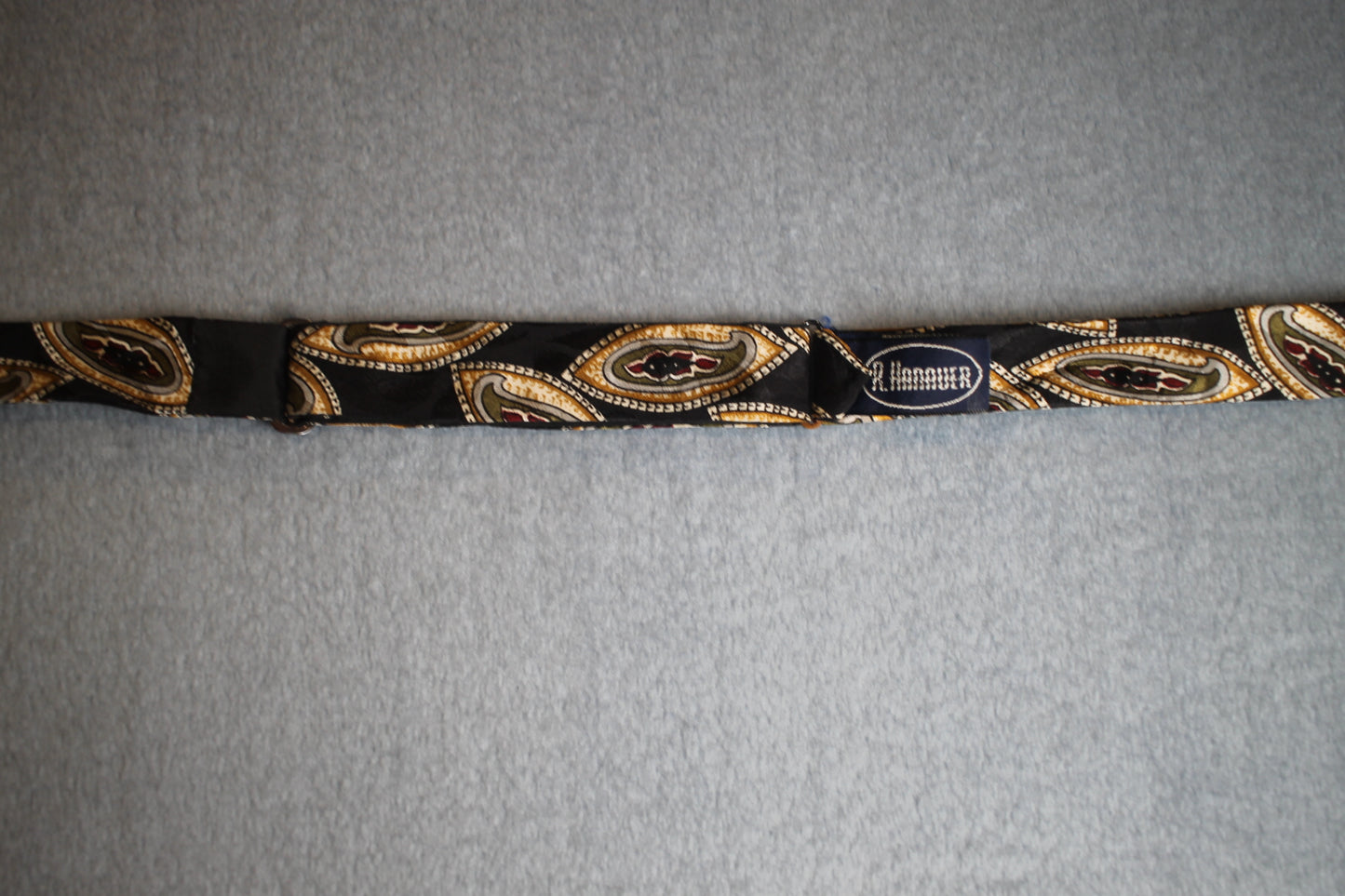 Vintage R Hanauer self tie thistle end all silk black gold red pattern bow tie adjustable