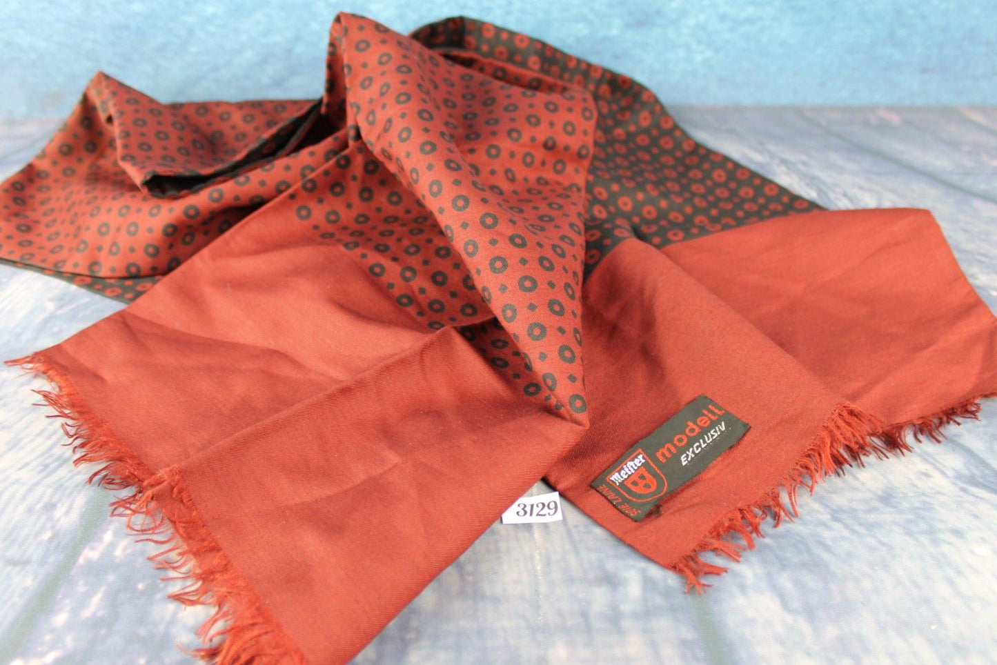 Vintage Meifter Modell Italian Wool & Silk Burgundy Black Circles Squares Pattern Scarf
