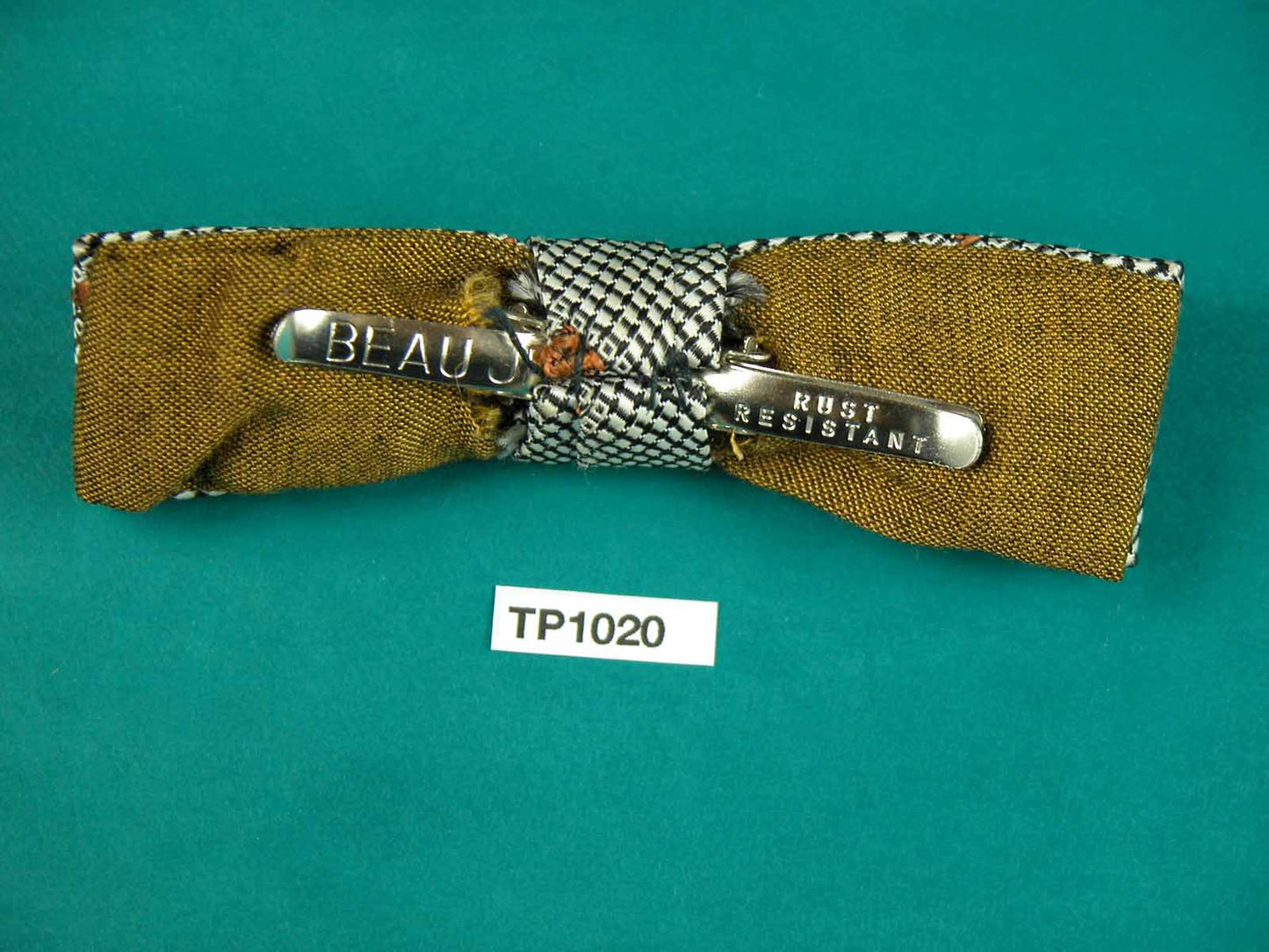 Vintage boy's black white check tan diamond motif bronze square end clip on bow tie