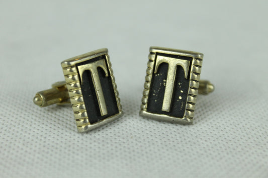 Vintage Initial T Gold & Black Oblong Cuff Links
