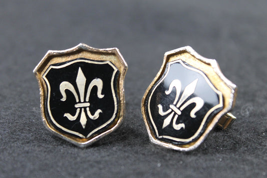 Vintage Fleur de Lys Shield Cufflinks Gold Metal and Enamel