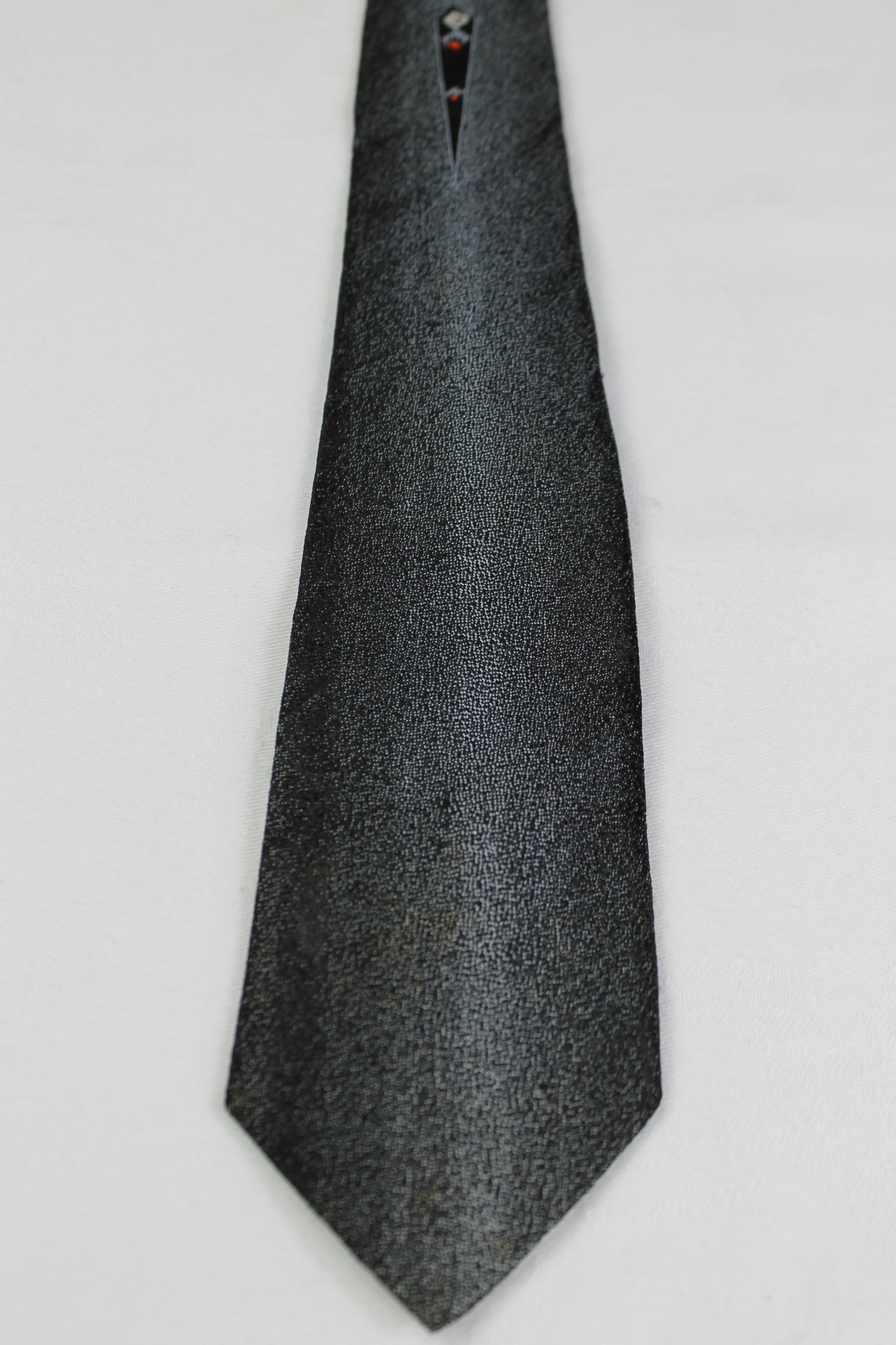 Vintage Sharkskin Fabric Black Grey Faded Pattern Skinny Tie 1950s/1960s