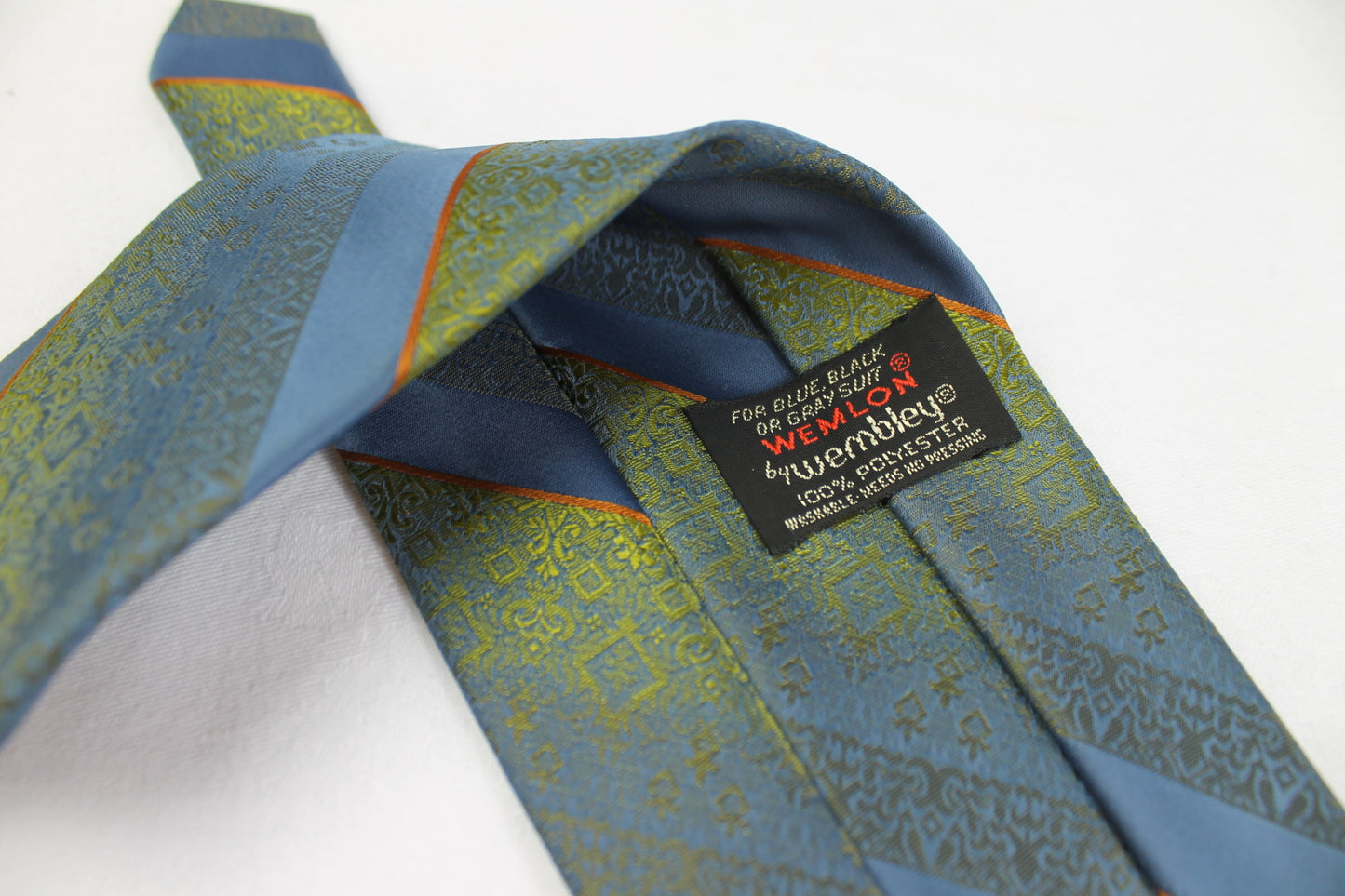 Vintage Wembley Wemlon Sharkskin Fabric Blue Gold Striped Jacquard Tie 1950s/60s