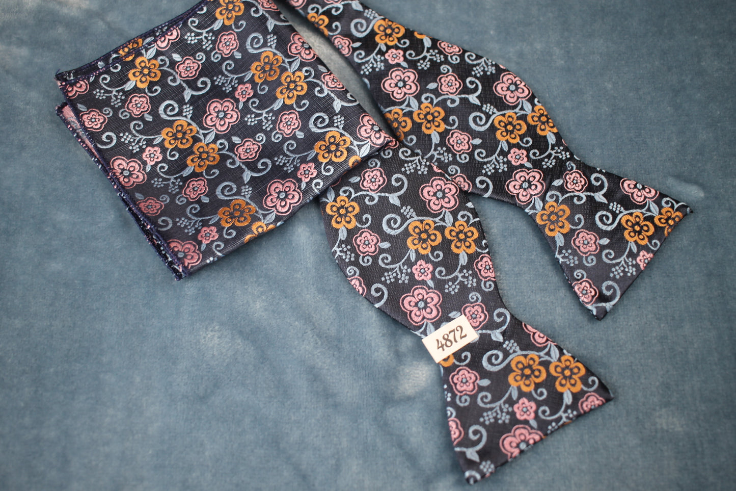 Vintage blue pink copper pattern adjustable self tie bow tie and handkerchief set