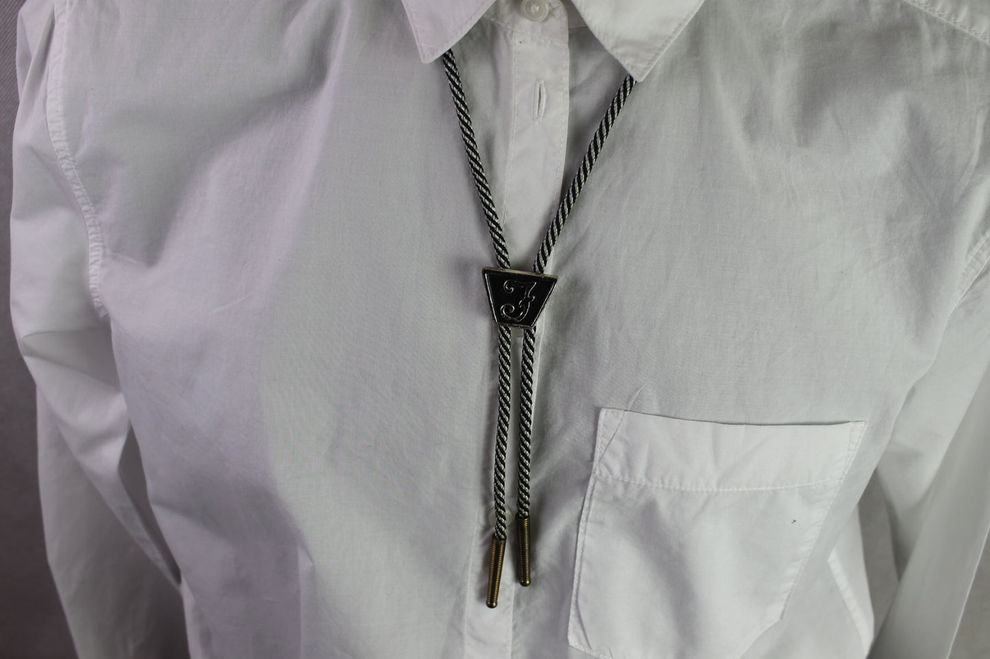 Vintage Enamelled F Bolo Black White Striped Western Cowboy Kentucky String Tie