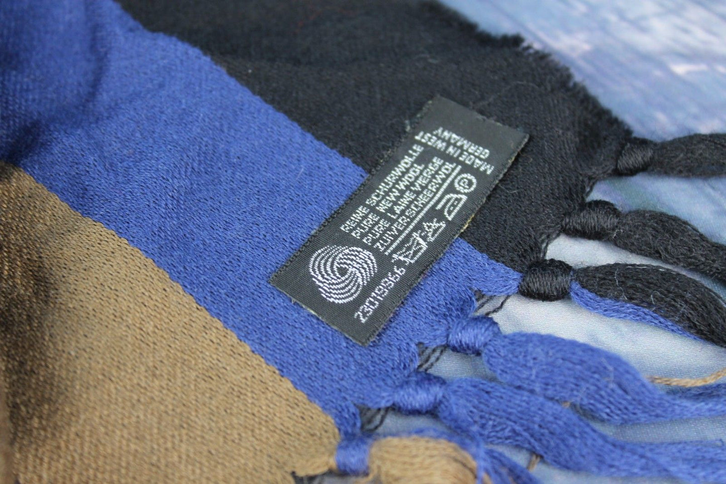 Vintage German Pure Wool Black Camel Blue Striped Scarf