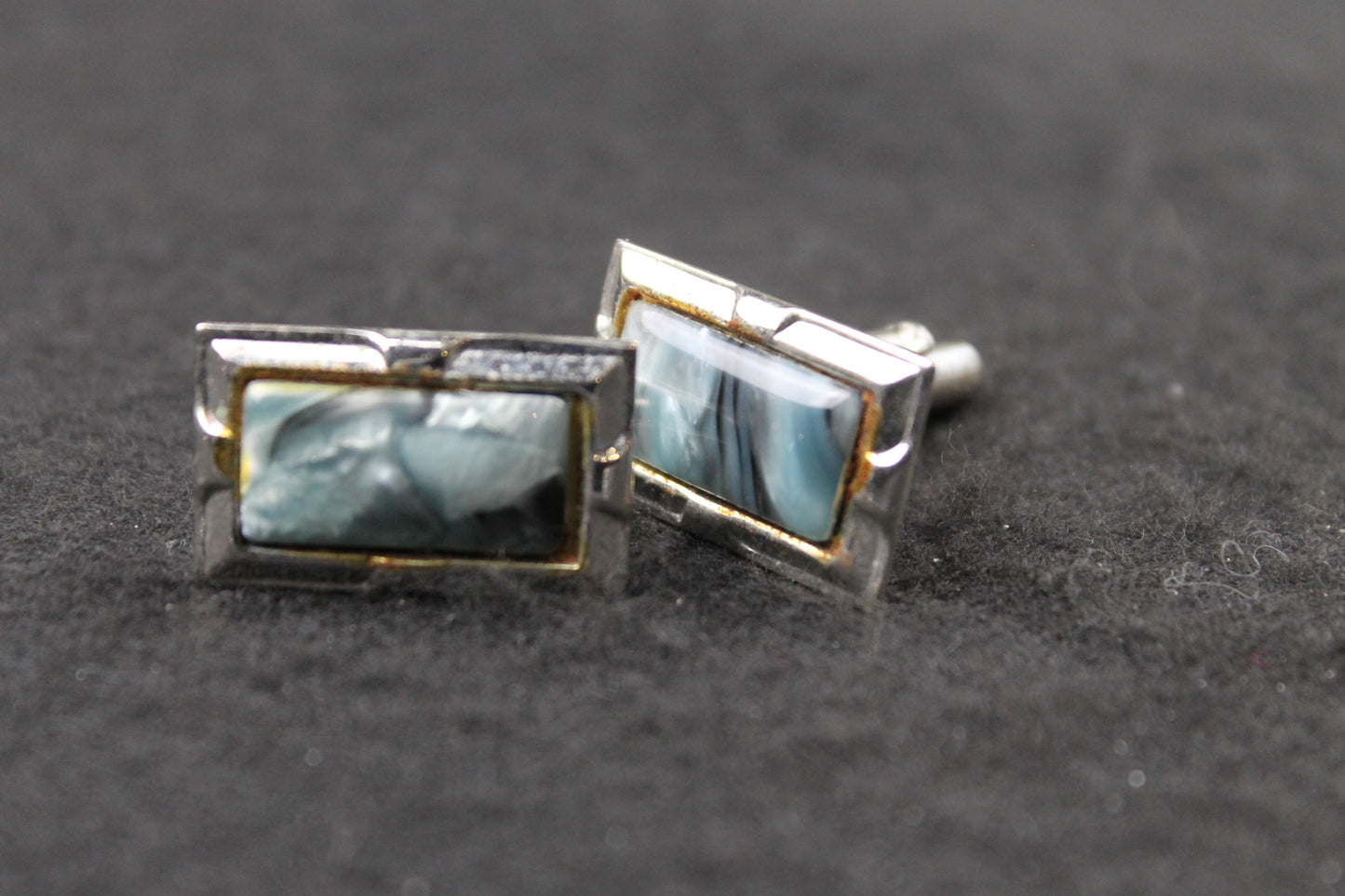Vintage Oblong Blue Grey Marbled Lucite Cufflinks
