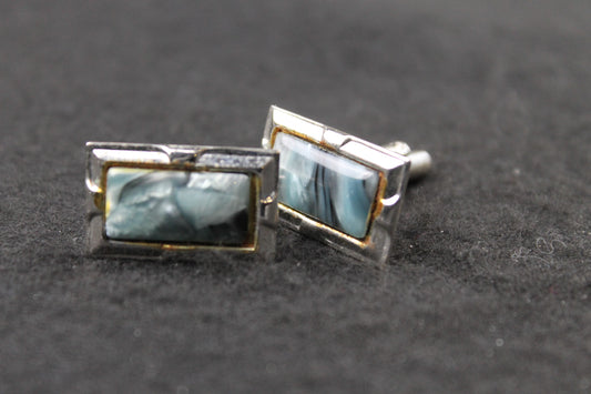 Vintage Oblong Blue Grey Marbled Lucite Cufflinks