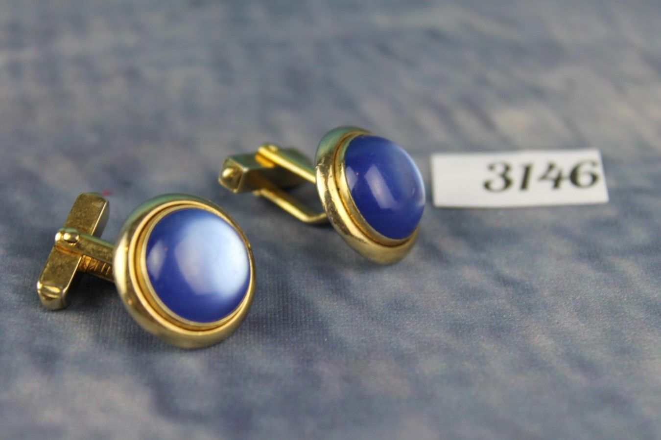 Vintage Swank Gold Metal Pearly Blue Lucite Cabochon Cufflinks
