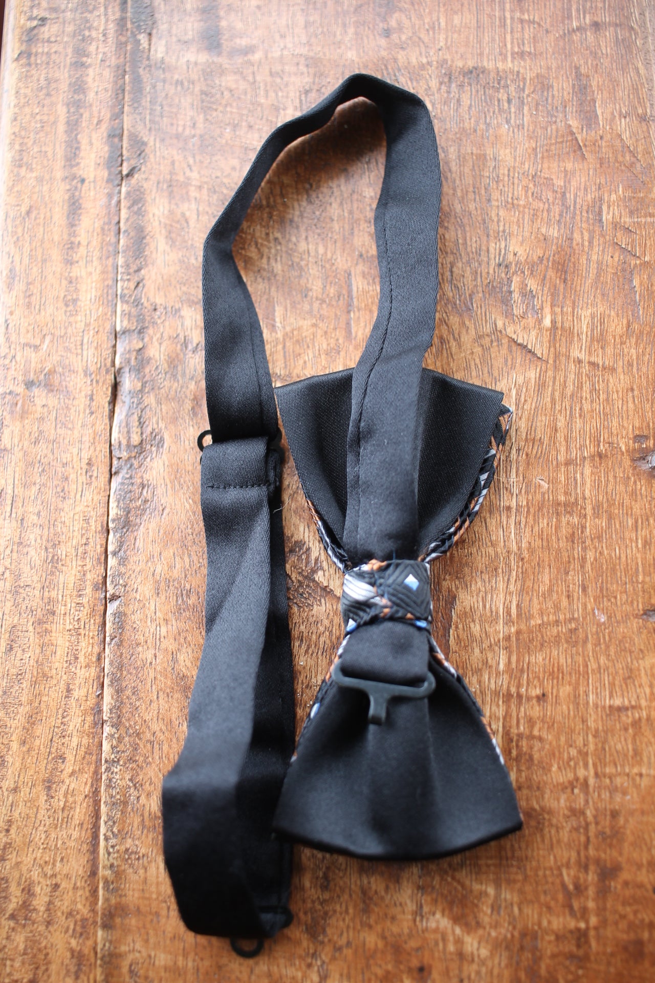 Vintage pre-tied orange black diamond pattern bow tie adjustable